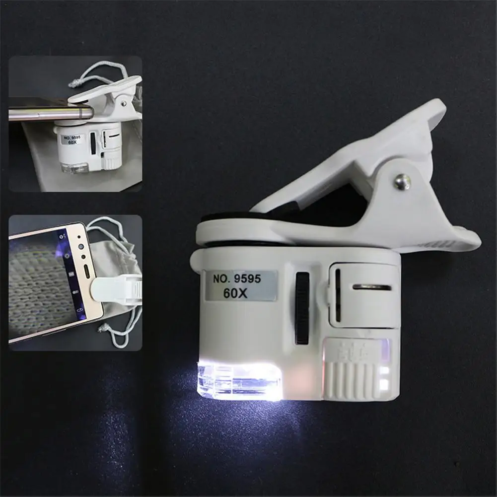 60X Cellulare Microscopio Gioielliere Lente D'Ingrandimento Tipo Di Clip Tasca Abs + Metallo + Acrilico Con Borsa In Tessuto Lr1130 Batterie Microscop