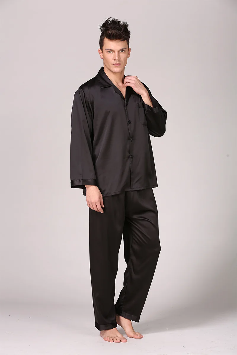 Пижама Мужская черная ночная рубашка с длинными рукавами Пижама для мужчин Домашняя одежда шелковые пижамы для мужчин Пижама Мужская пижама комплект