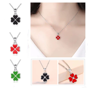 Trendy Girls Red Black Green Clover Pendant Necklace Jewelry Women Silver 925 Clavicle Necklace Cute Princess Chain On Neck Gift
