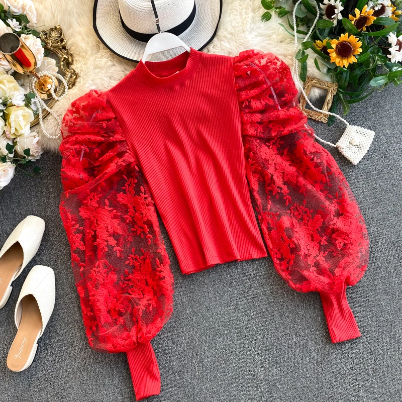 ALPHALMODA Весенняя женская модная супер Фея Милая Кружевная футболка с рукавами-пузырьками, женская модная Лоскутная Футболка с рукавами-пузырьками