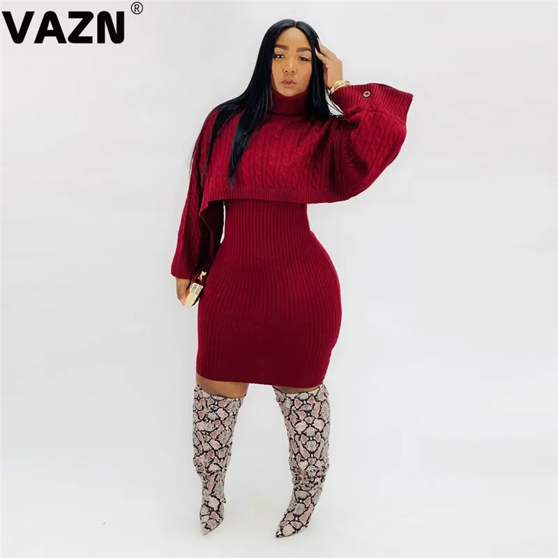 VAZN PN6273 зима Последняя мода неопрятный мягкий сексуальный модный однотонный женский ассиметричный Свободный мини-свитер с высоким воротом и длинным рукавом