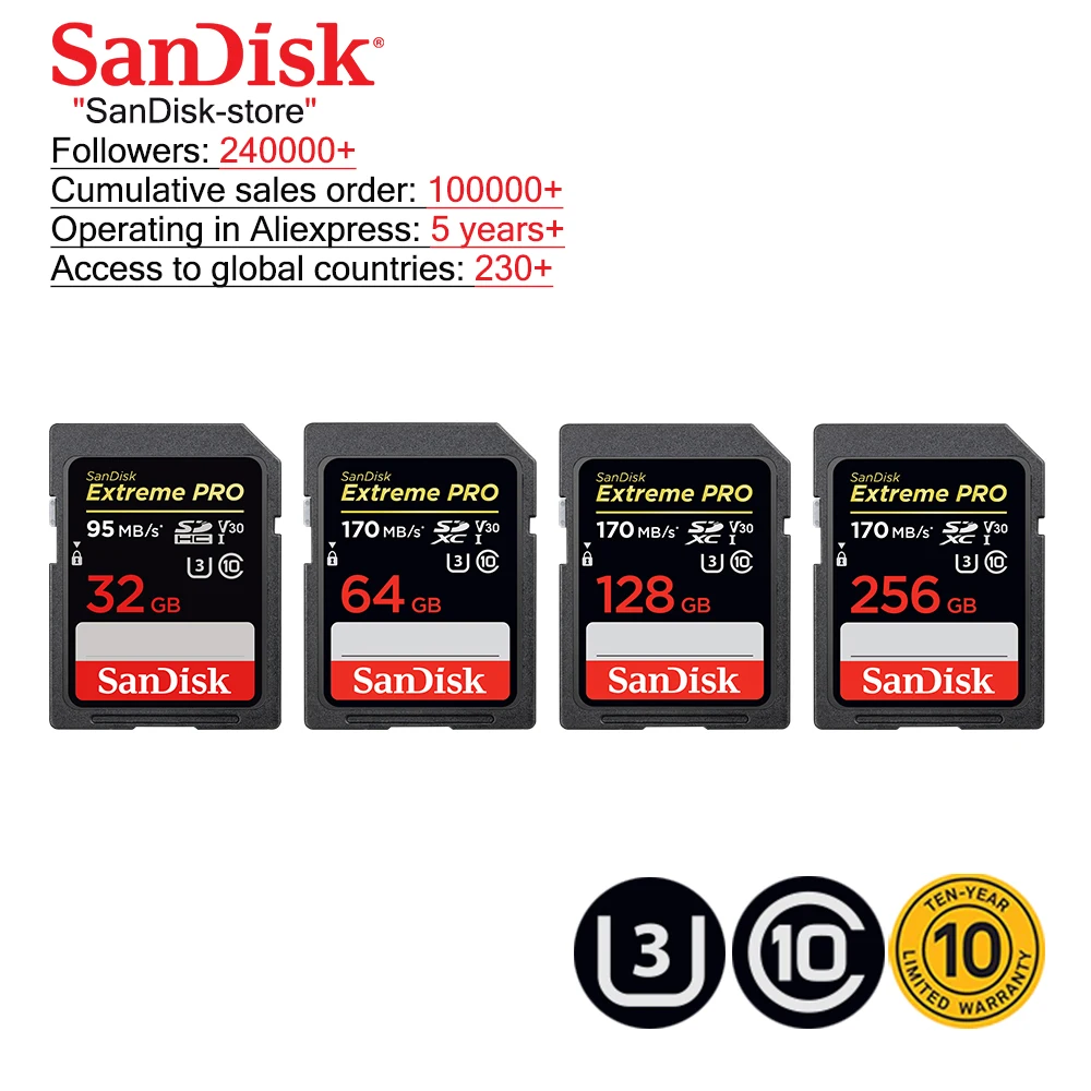 SanDisk Extreme Pro SD Card 32GB SDHC 95M/S 64GB 128GB 256GB SDXC UHS-I Class 10 170M/S Memory Card Support U3 4K Video Card