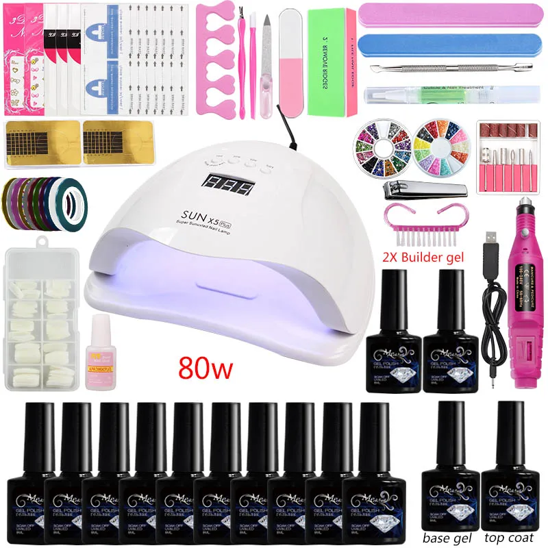 Маникюрный набор, акриловые наборы для ногтей на выбор, 10 цветов, 80 Вт, Сушилка для ногтей, машина для сверления ногтей, 10 шт, полигель-лак, отмачиваемый, маникюрный набор инструментов