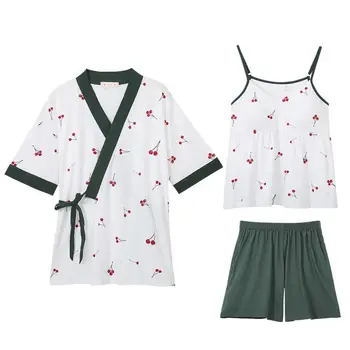 

100% Cotton Pajamas Set Women Sweet Pyjama Long Robe Sling Shorts 3 Pieces/Set Homewear Big Size Mom Sleepwear