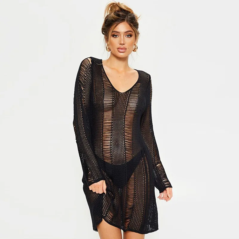 

Beach Dresses Women's Tunic Dress Swimsuit For Women Skirt Pareo Swim New Cut Knitted Long Sleeve Sexy Acetate Animal
