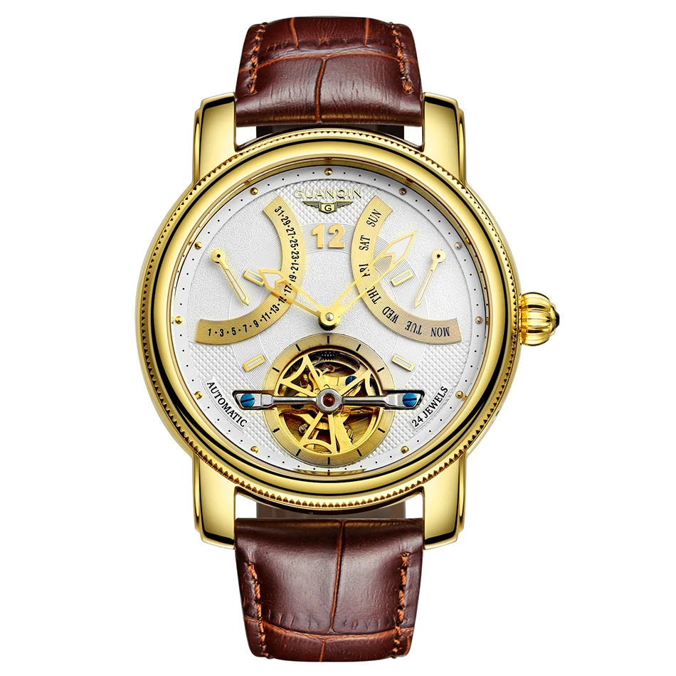 GUANQIN Мужские механические часы Tourbillon автоматические часы водонепроницаемые золотые брендовые роскошные часы Стальные деловые наручные часы