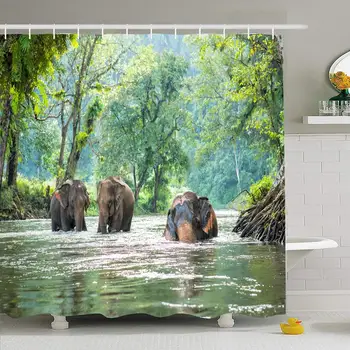 

Shower Curtain Set with Hooks 66x72 Asian Thailand Adventure Elephant Wilderness Walking River Skin Trunk Tree Animals Wildlife