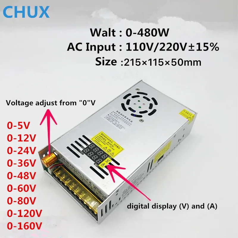 dupla, comutação 480W, 0-12V, 5V, 24V, 36V, 48V, 60V, 80V, 120V, 160V