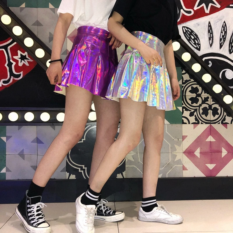 

2020 new street style laser bright surface fluorescent color pleated high waist skirt PU leather short skirt college style