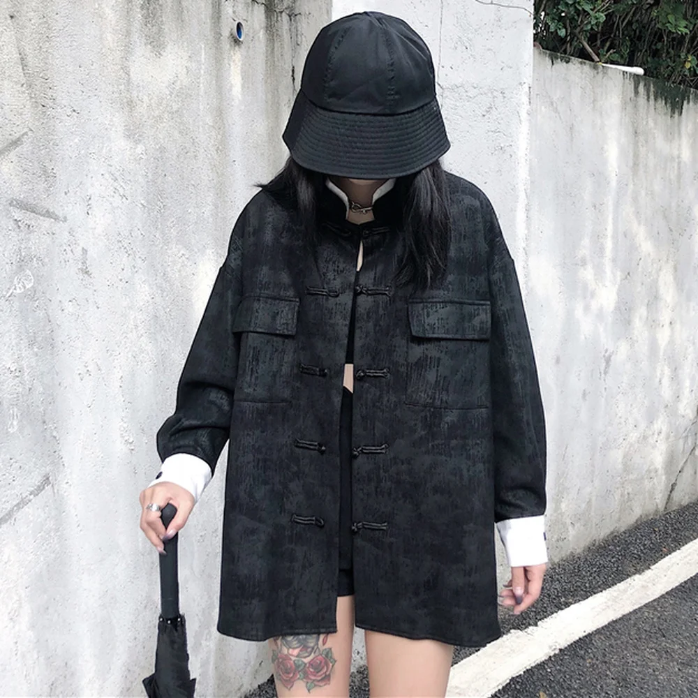 

Парная черная Повседневная Блузка в китайском стиле чонсам, футболка кунг-фу, винтажная Готическая уличная одежда в Корейском стиле, рубашки в стиле Харадзюку, топы, пальто