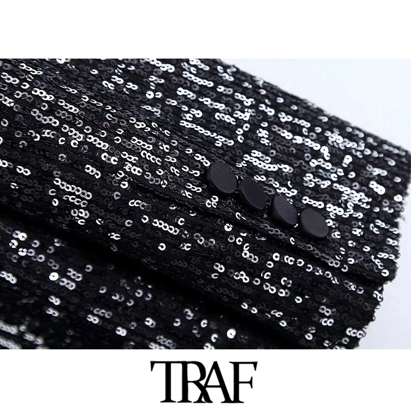 TRAF, Женская винтажная стильная офисная одежда, карманы, блёстки, Блейзер, пальто, модный Зубчатый воротник, длинный рукав, женская верхняя одежда, шикарные топы