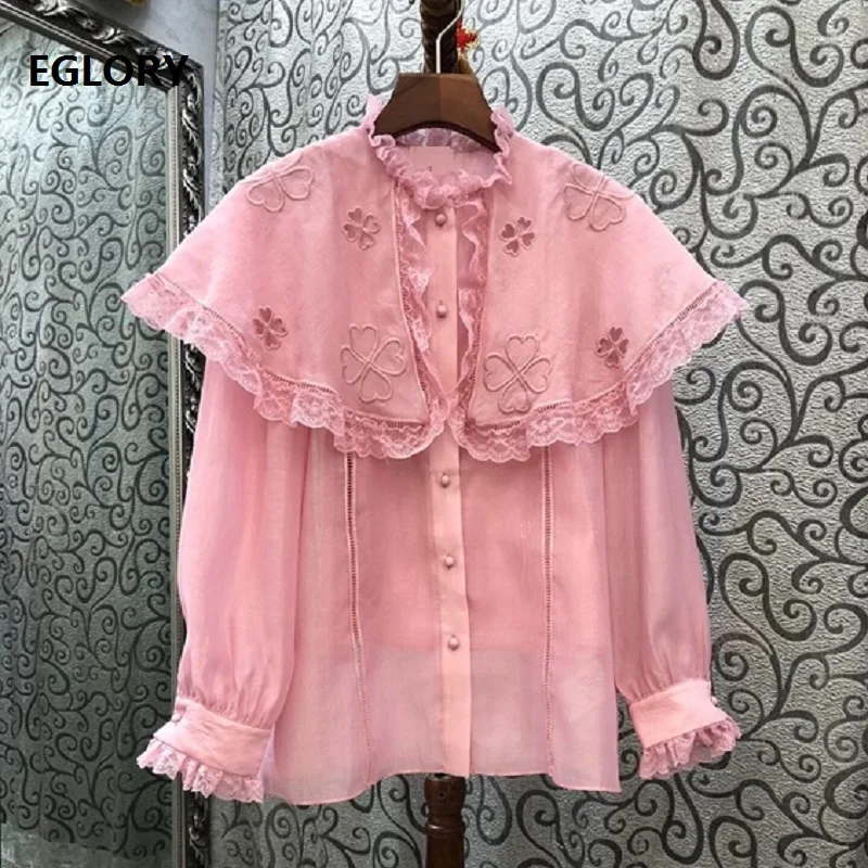 

2020 Autumn Winter Designer Blouses Shirt Women Cape Poncho Style Exquisite Embroidery Lace Patchwork Cotton Blouse Female Tops