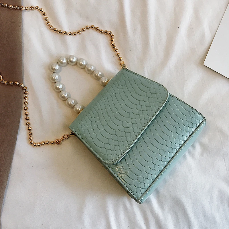 

Crocodile Pattern Pu Leather Crossbody Bags For Women 2020 New Totes With Pearl Handle Mini Chain Shoulder Messenger Bag Purses