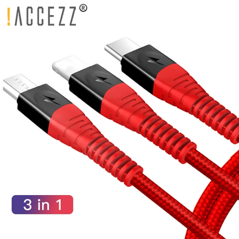 ACCEZZ нейлон 3 в 1 кабель для передачи данных Micro usb type C Зарядка для iPhone 7 8 Plus X XS XR мобильный телефон для samsung S10 зарядный кабель