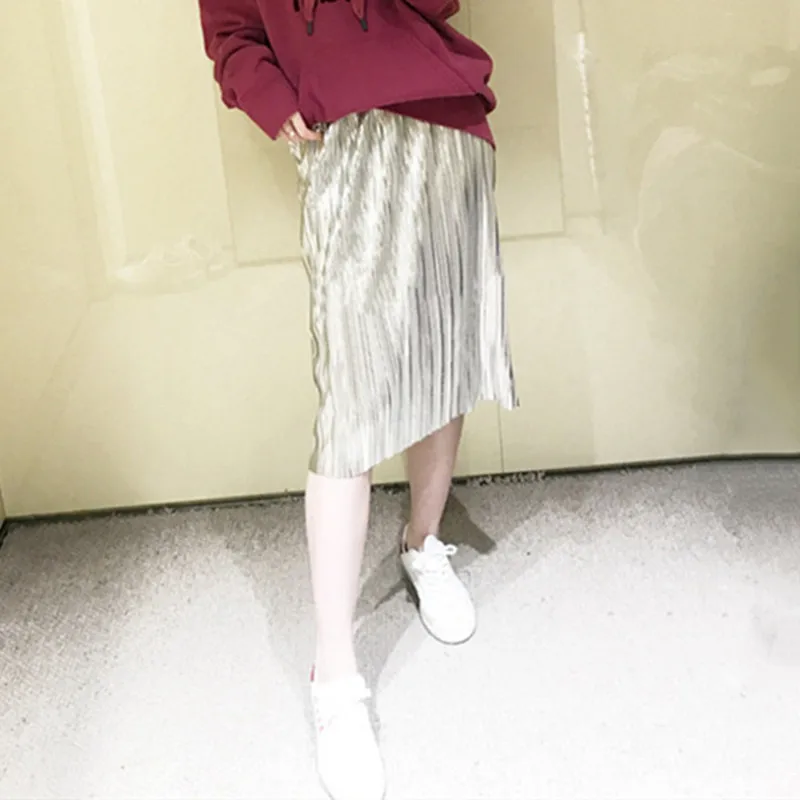 Vrouwen Geplooide Rok Nieuwe 2018 Mode Metallic Glans Lovertjes Elastische Taille Jupe Femme Vrouwen Geplooide Rok Nieuwe 2018 Mode Metallic Glans Lovertjes Elastische Taille Jupe Femme