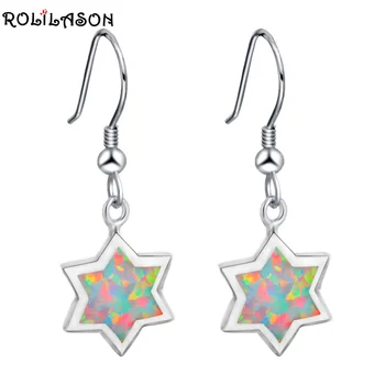

ROLILASON New Desing Five Star White Fire Opal Silver Stamped Drop Earrings Fashion Jewelry for Women OES665