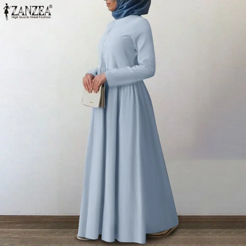 Retro Muslim Islamic Robe Womens Autumn Dress ZANZEA Casual Long Sleeve Button Maxi Vestidos Female Solid Turkish Clothing