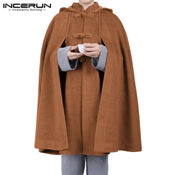 

INCERUN Men Cloak Coats Hooded Cape Solid Vintage Button Loose Ponchos Retro Fleece Casual Men Trench Streetwear Jackets S-5XL 7