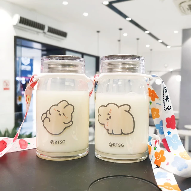 300ml Cartoon Creative Glass Cup With Straw Lids Clear Milk Kawaii Boba  Bear Original Coffee Juice Water Cups for Girl - AliExpress