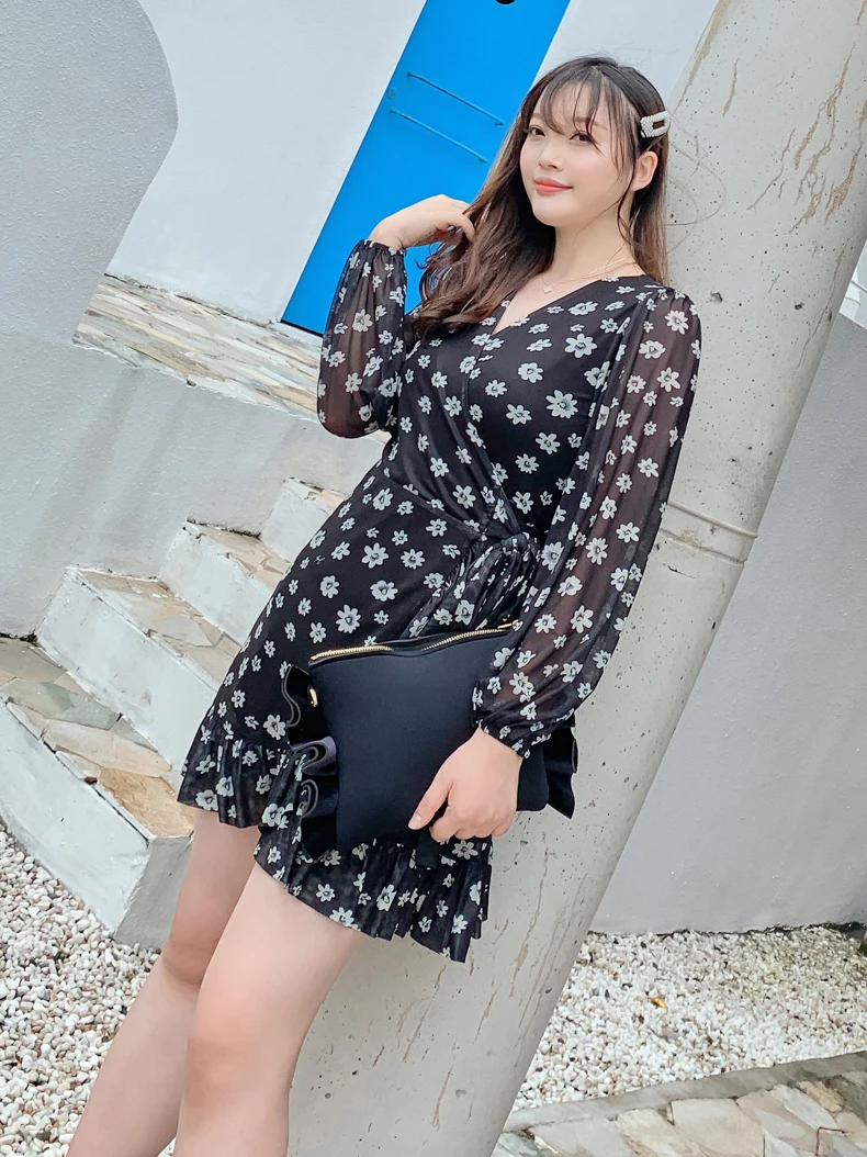 

2019 TOLEEN Summer Women Short Dress Plus Size Short Dress V -Neck Mesh Small Daisy Print Package Ruffle Vestidos Cortos