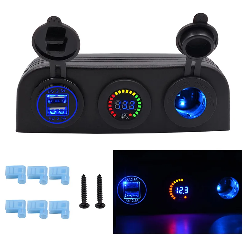 Three Hole Tent Type Panel 4.2a Dual USB Charger 12V/24V Cigarette Lighter Voltmeter for Car Motorcycle Boat Marine ATV RV