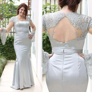 

Long Mermaid Mother of the Bride Groom Dresses Silver Lace Satin Hollow Back Wedding Party Formal Occasion Prom Evening Gowns