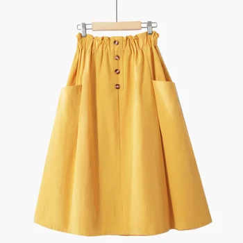 

Midi Knee Length Cotton Summer Skirt Women 2020 Fashion Button Pocket A-line High Waist Sun School Skirt Female