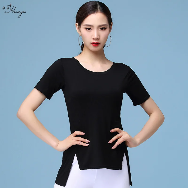 

Huayu Dance Modern Dance Clothing Modal Front Short Long Back Slit Short-sleeved Top Exercise Clothing Women's