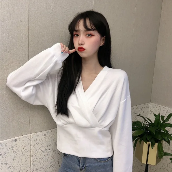 Joinyouth ткань Женская Корейская Harajuku однотонная ropa mujer с v-образным вырезом Полная Толстовка тонкая высокая Талия свободная модная короткая Толстовка 212