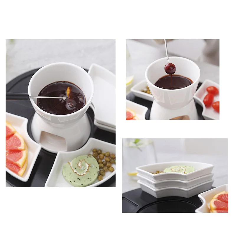 White Ceramic Chocolate Fondue Pot With 4 Dishes Forks Porcelain Diy