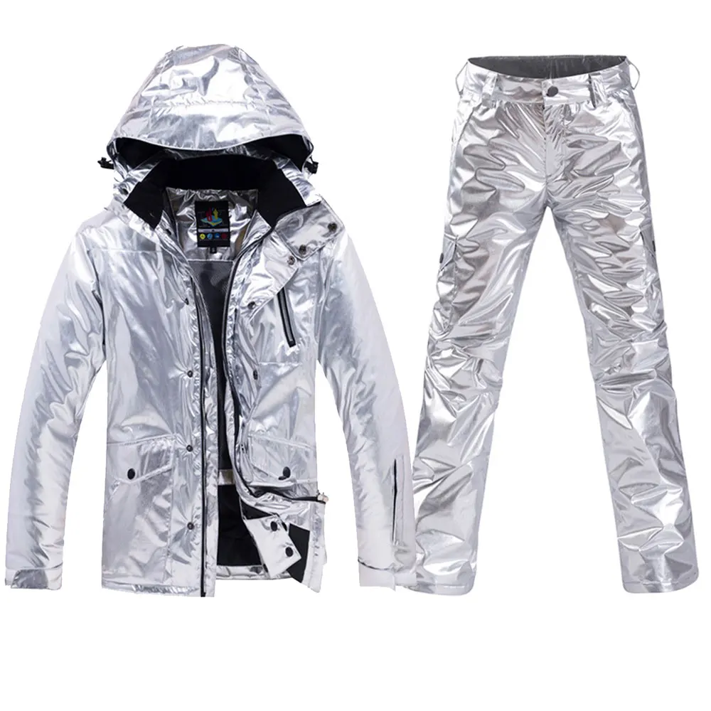 Лыжная куртка для женщин/мужчин, водонепроницаемые ветрозащитные костюмы, серебристая Глянцевая зимняя куртка, пальто, зимние куртки для пар, сноуборд+ лыжные штаны, комплекты - Цвет: silver suit