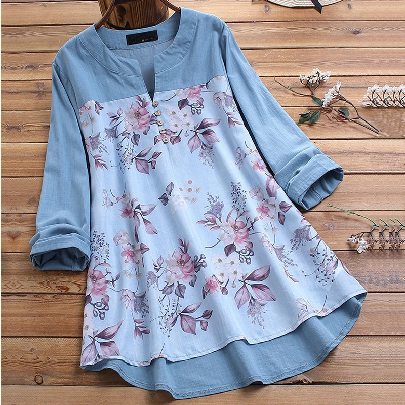 Shirt Blouse Tunic Long-Sleeve Floral-Printed Vintage Plus-Size Women Patchwork Blusa
