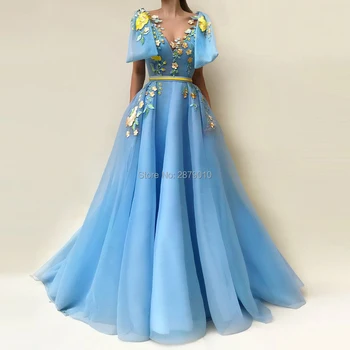 

Glamorous Ice Blue A-Line V-Neck Evening Dress Tulle Full-Length Applique Bowknot Prom Party Dress Vestido de festa Dubai Formal