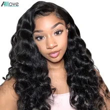 Allove, свободные, глубокая волна, на кружеве, человеческие волосы, парики для черных женщин, предварительно выщипанные с детскими волосами, Remy, бразильский парик на кружеве
