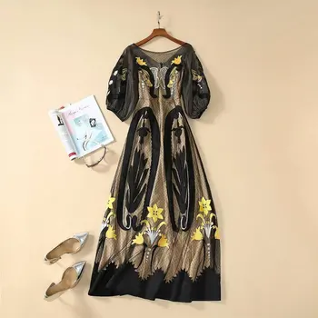 

New 2020 spring summer vintage fashion black dot mesh dress ankle length designer Women lantern sleeve heavy embroidery dresses