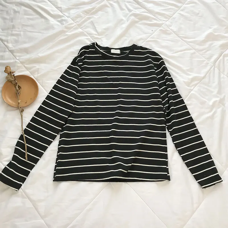 Black stripe 22 Однотонная футболка с длинным рукавом Женская Kpop шикарная свободная хлопковая Футболка с круглым вырезом черная Harajuku Kawaii простая Базовая футболка Femme - Цвет: Black stripe