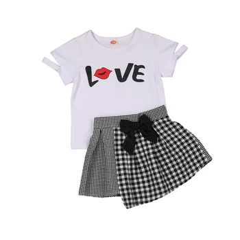 

Kids Baby Girl Summer Casual Love Lip Pattern Hollow Short Sleeve Loose Top Plaid Bow Patchwork Skirt 2pc Set 1-7Y Dress set