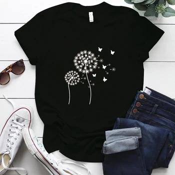 

Plus Size S-5XL Dandelion Butterfly Print TShirt Women Casual Round Neck Short Sleeve Summer Woman Shirts 2020 Tee Tops Funny