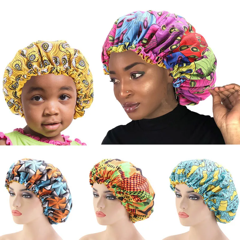 

New Mum And Me Extra Large Sleep Cap African Print fabric Ankara hair Satin bonnet Lined Night Sleep Hat Ladies Turban cap