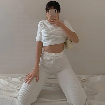 

Women Autumn Cotton Two Piece Set Knitted Short Sleeve Crop Tops and Drawstring Pants Fashion Casual Elastic Outfits