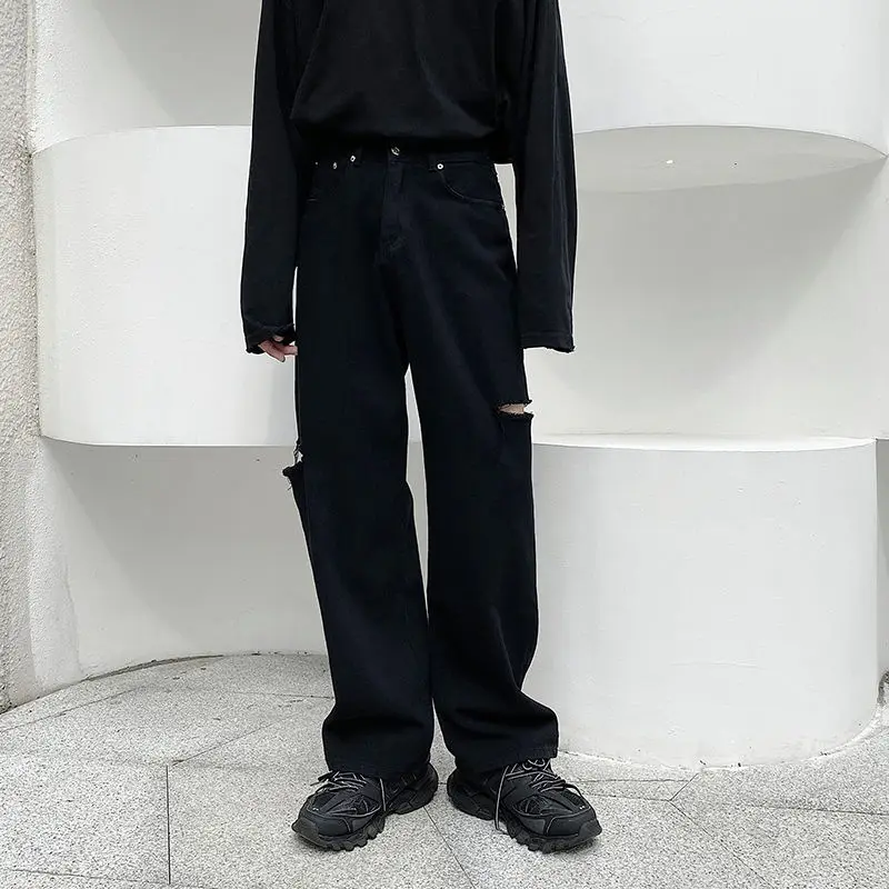 

Korean Straight Jeans Men's Fashion Retro Casual Hole Black Jeans Men Streetwear Wild Loose Hip Hop Hole Denim Trousers Mens