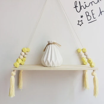 

HOT-Nordic Style Wooden Bead Tassels Storage Rack Wall Rope Hanging Shelf for Decor Of Bedroom Living Room Kitchen Office Yellow