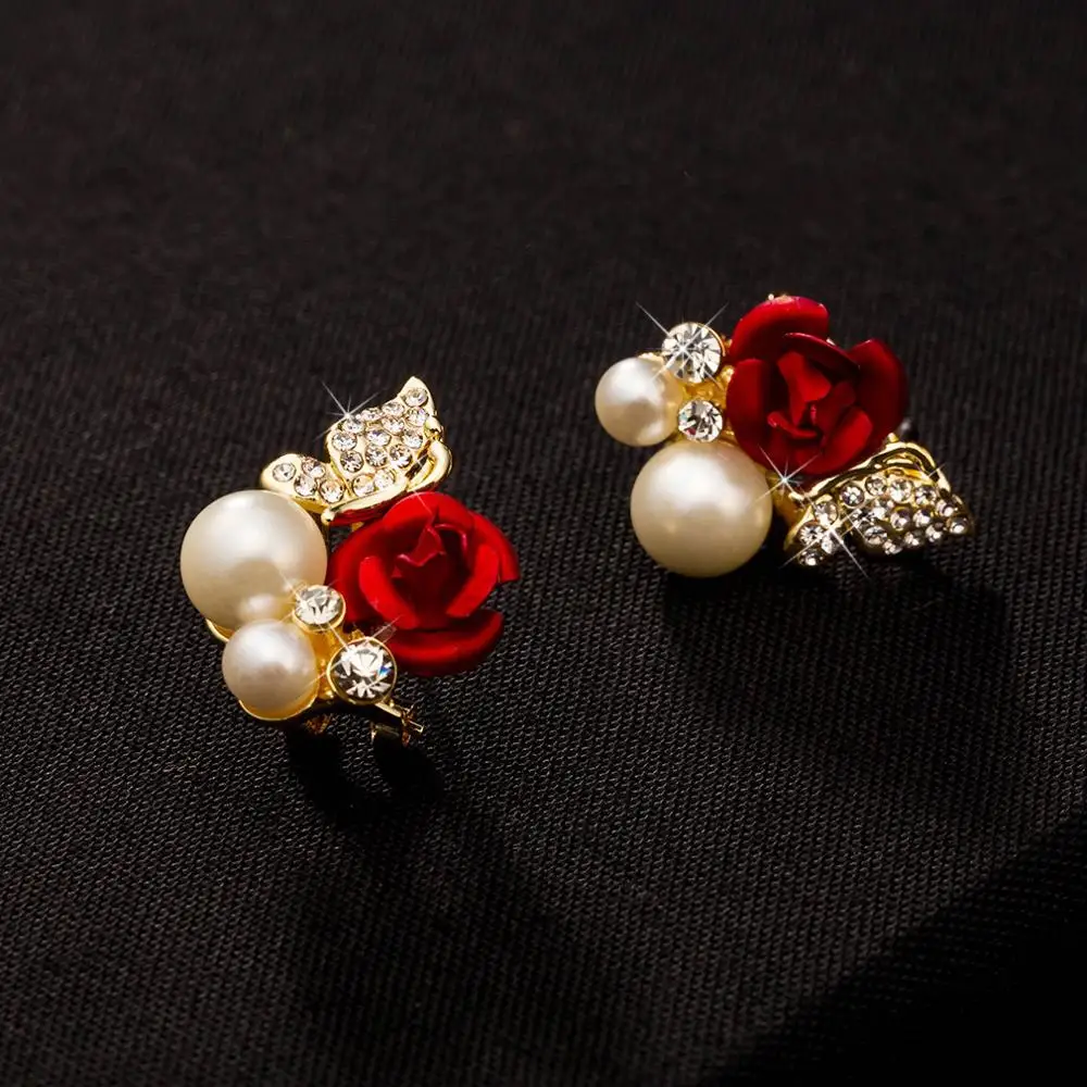 

Hot 1 Pair Elegant Red Rose Flower Earrings Imitation Pearl Earrings Plated Crystal Beautiful Earring Pendientes Mujer