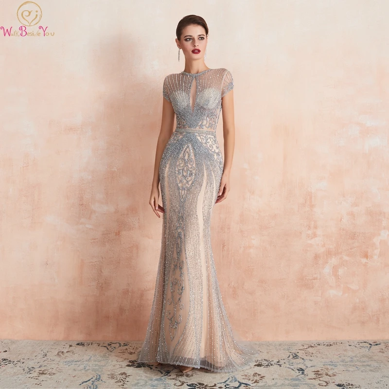 

Champagne Gray Luxurious Beading Crystal Mermaid Evening Dresses 2019 New Navy Blue O Neck Short Sleeves Formal Party Long Gowns