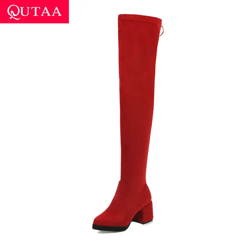 QUTAA/ г. Модные ботфорты из флока с круглым носком на молнии элегантная женская обувь на высоком квадратном каблуке осень-зима размер 34-43