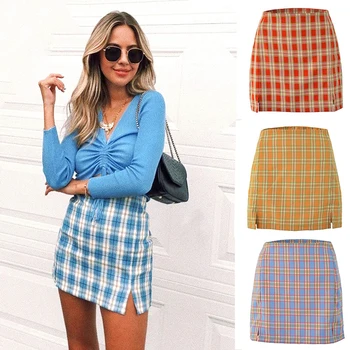 

юбка Sexy Plaid Mini Skirts High Waist Side Split Rokjes Bottoms Skirts Womens Summer Bodycon Plaid Skirts юбка женская