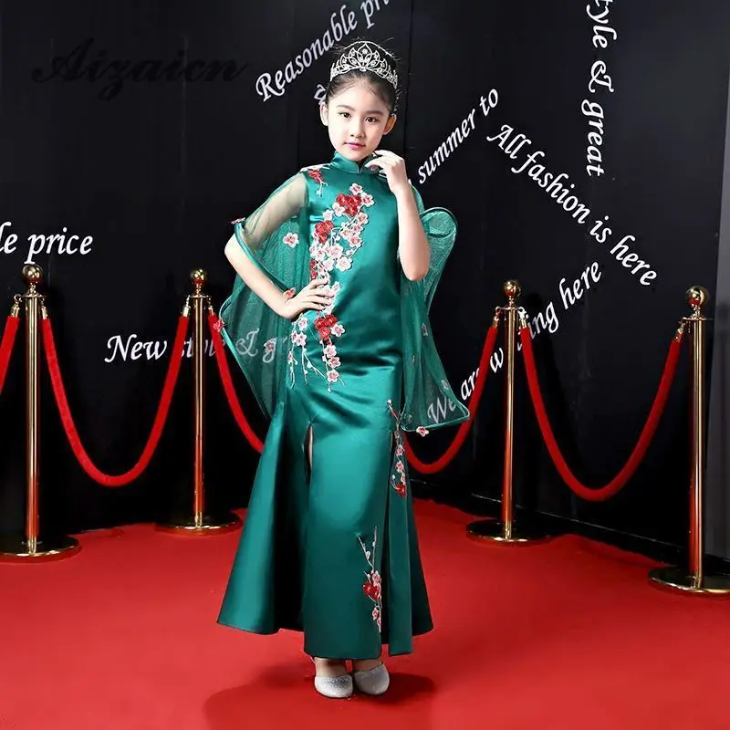 Cheongsam/зеленое вечернее платье русалки для девочек с шалью, Qipao, свадебное платье, подиум для моделей, тонкая одежда для сцены