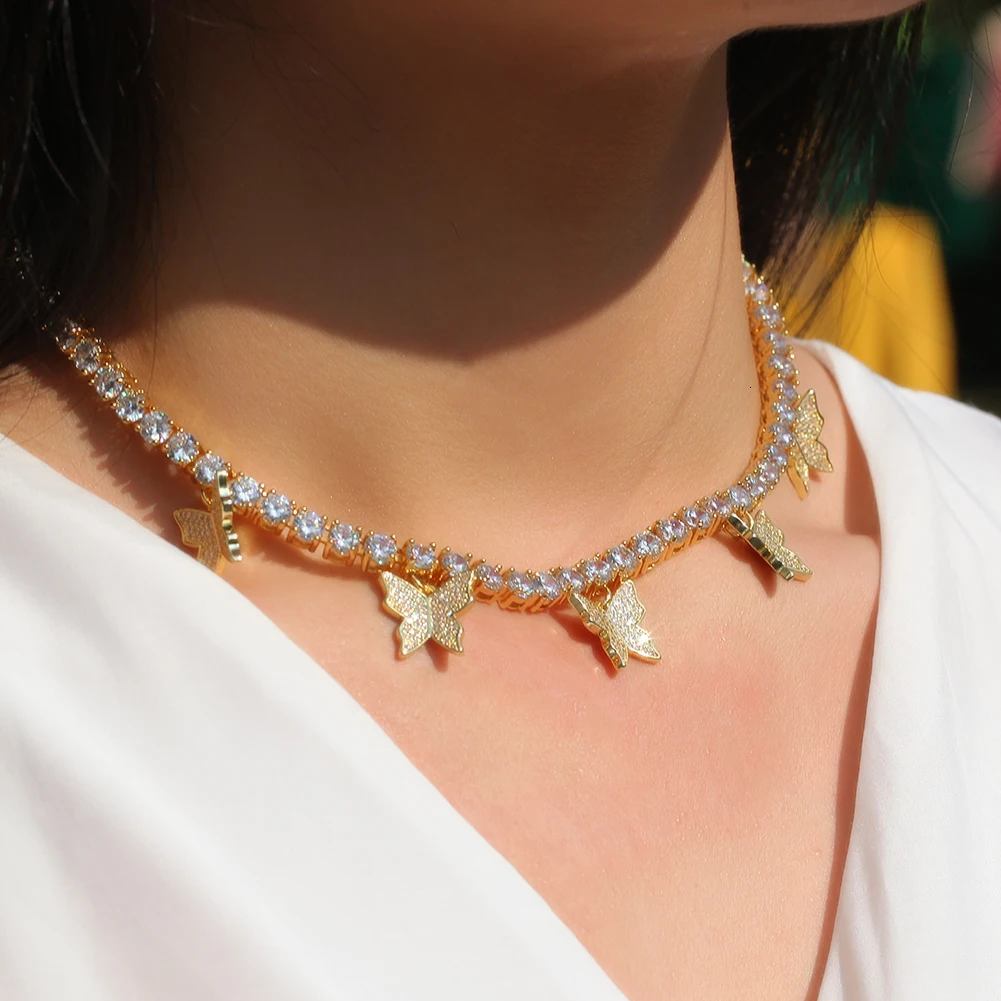 

1 Fashion Women Hip hop Bling Iced Out CZ Tennis Chain 1 Row Butterfly Necklaces Luxury Gold Chain Jewelry for Men and Women