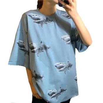 

Harajuku Fashion Shark Print Women T Shirt Balck Blue Oversize Streetwear Casual Loose Hip Hop Unisex Couple Tshirt Top Plus 2XL