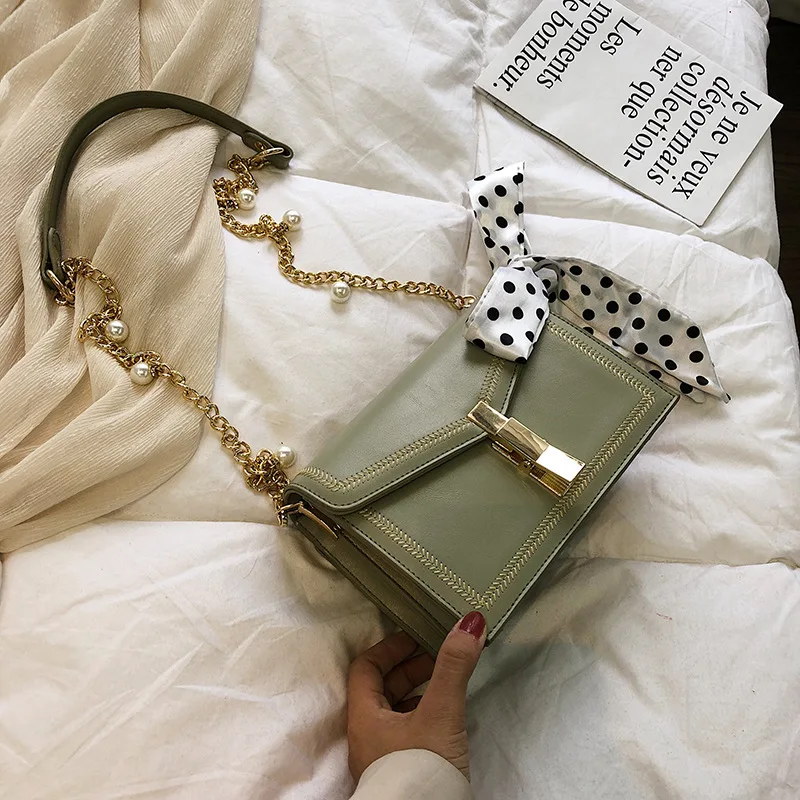 

Small Bag Women's 2019 New Style Fashion France Non-mainstream High Grade Sense-Style Silk Scarves Square Sling Bag Pearl Chain